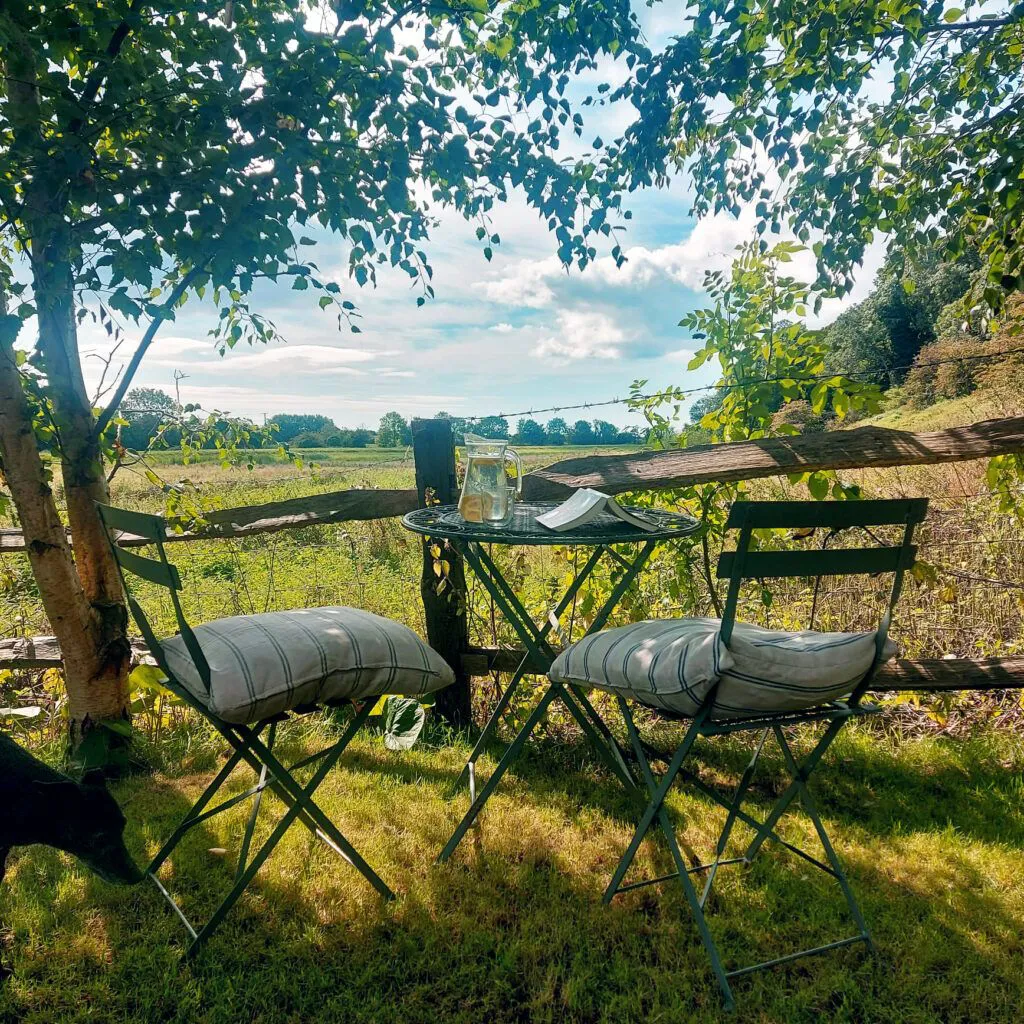 Two garden chairs at a table by a wooden fence, looking out over the meadows